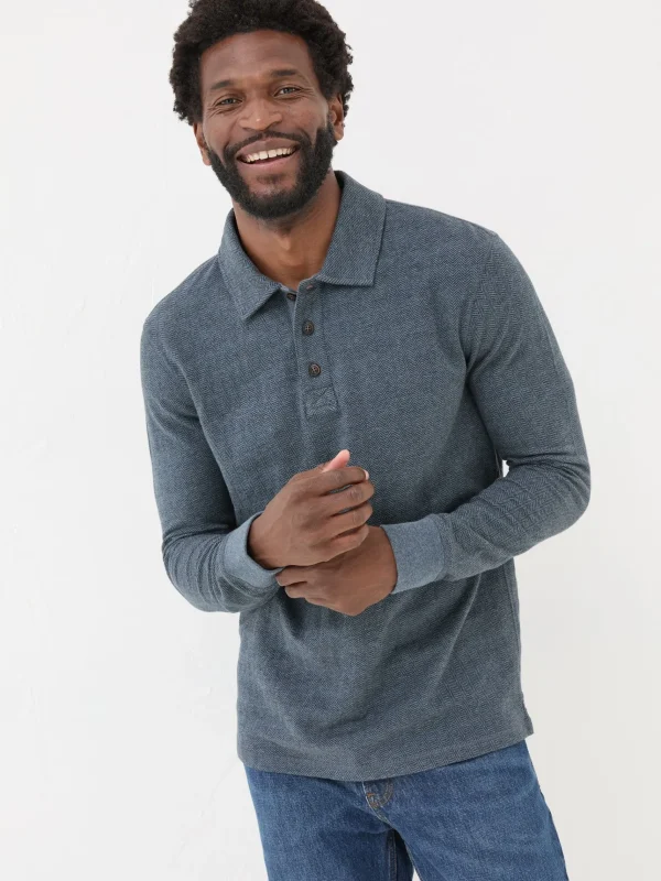 Herringbone Long Sleeve Polo Shirt*FatFace Sale